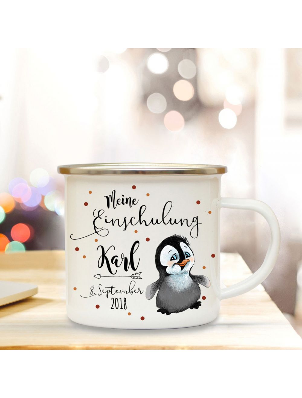 Emaille Becher Tasse Pinguin mit Spruch Einschulung Geschenk mit Name &  Datum eb192