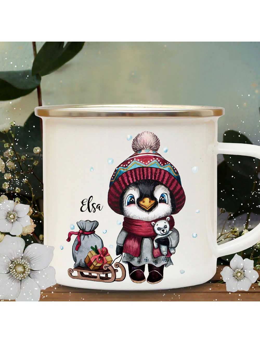 Emaillebecher Becher Tasse Camping Pinguin mit Schlitten & Wunschname Name  Kaffeetasse Winter Weihnachten Geschenk eb577 ~ Wandtattoos Elfentür, Tassen