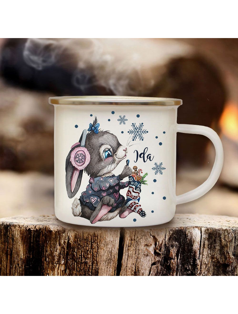 Emaille Becher Tasse Kaffeebecher Hase auf Fahrrad & Wunschname Geschenk eb361 