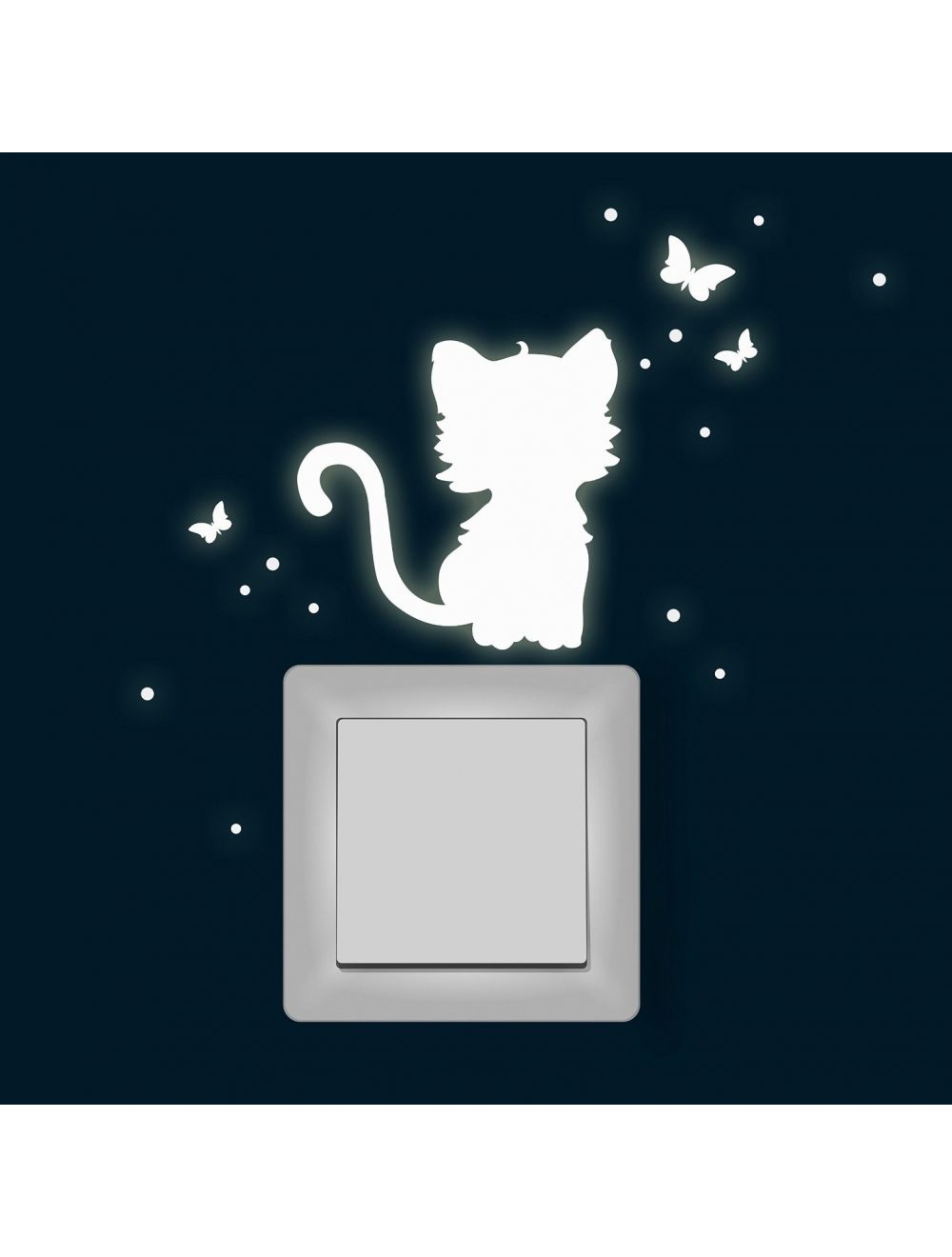 Leuchtsticker Lichtschalteraufkleber Wandtattoo Katze mit Schmetterlinge  und Punkten Wandsticker Wandaufkleber fluoreszierend nachtleuchtend M1365