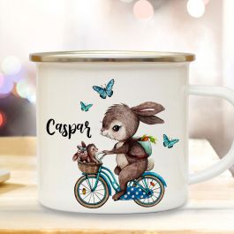Emaille Becher Tasse Kaffeebecher Hase auf Fahrrad & Wunschname Geschenk eb361 