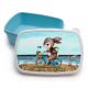Lunchbox Brotdose blau Hase auf Fahrrad am Meer & Wunschname Einschulung LBr15